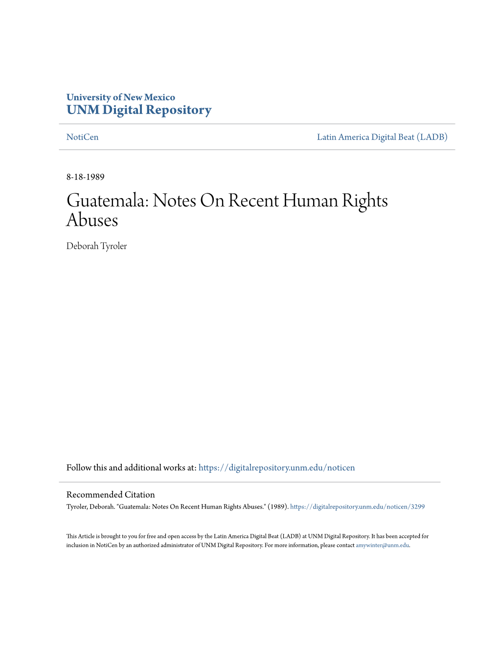 Guatemala: Notes on Recent Human Rights Abuses Deborah Tyroler