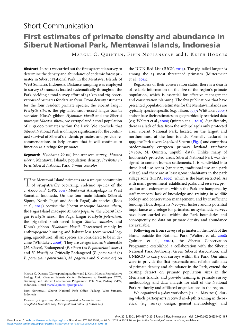 Short Communication First Estimates of Primate Density and Abundance in Siberut National Park, Mentawai Islands, Indonesia