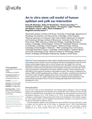An in Vitro Stem Cell Model of Human Epiblast and Yolk Sac Interaction