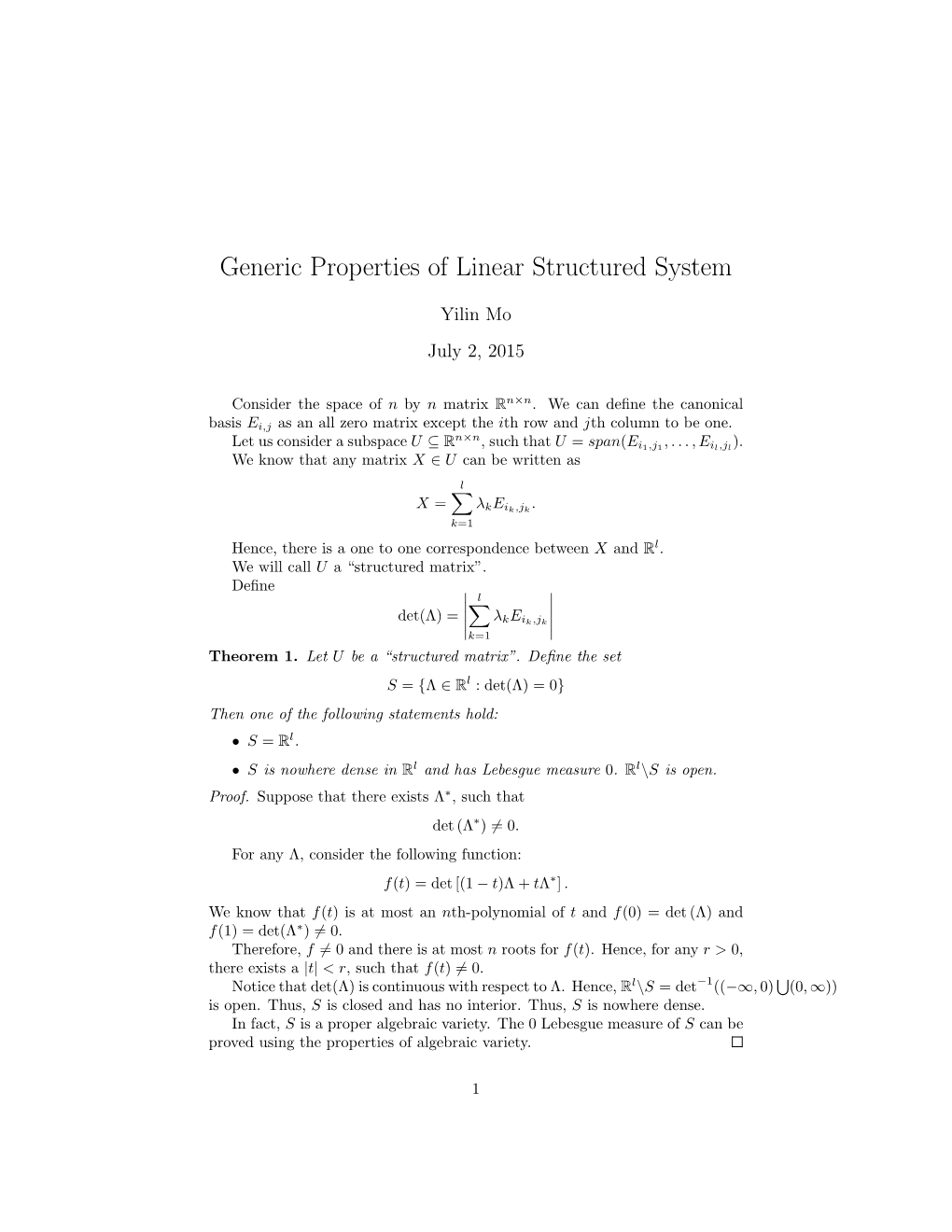 Generic Properties of Linear Structured System