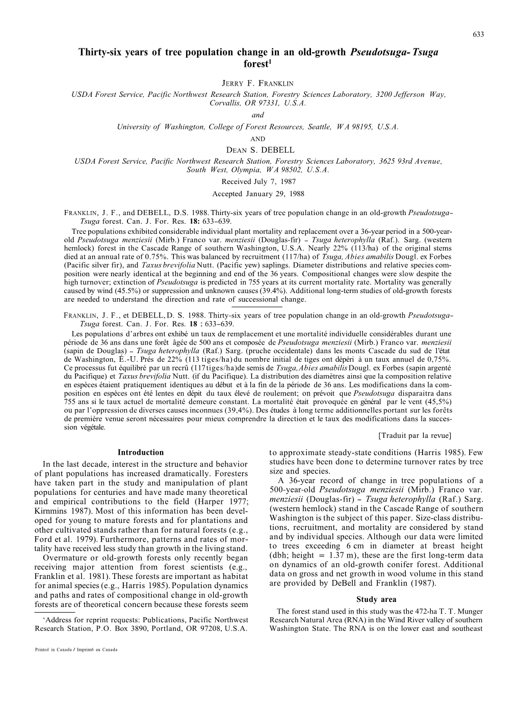 Thirty-Six Years of Tree Population Change in an Old-Growth Pseudotsuga- Tsuga Forest1