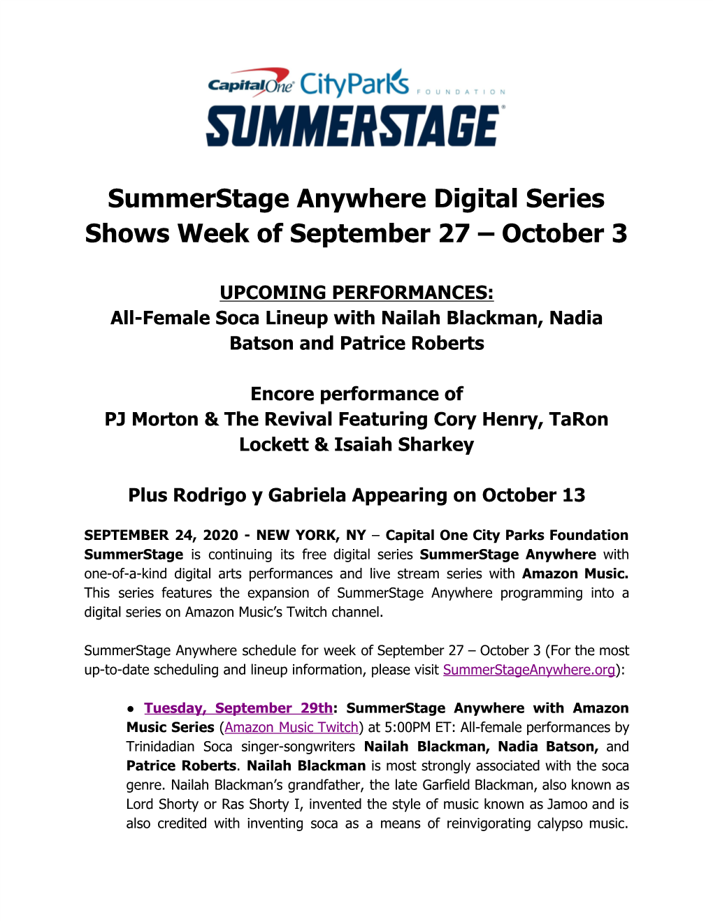 Summerstage Anywhere Digital Series Shows Week of September 27 – October 3