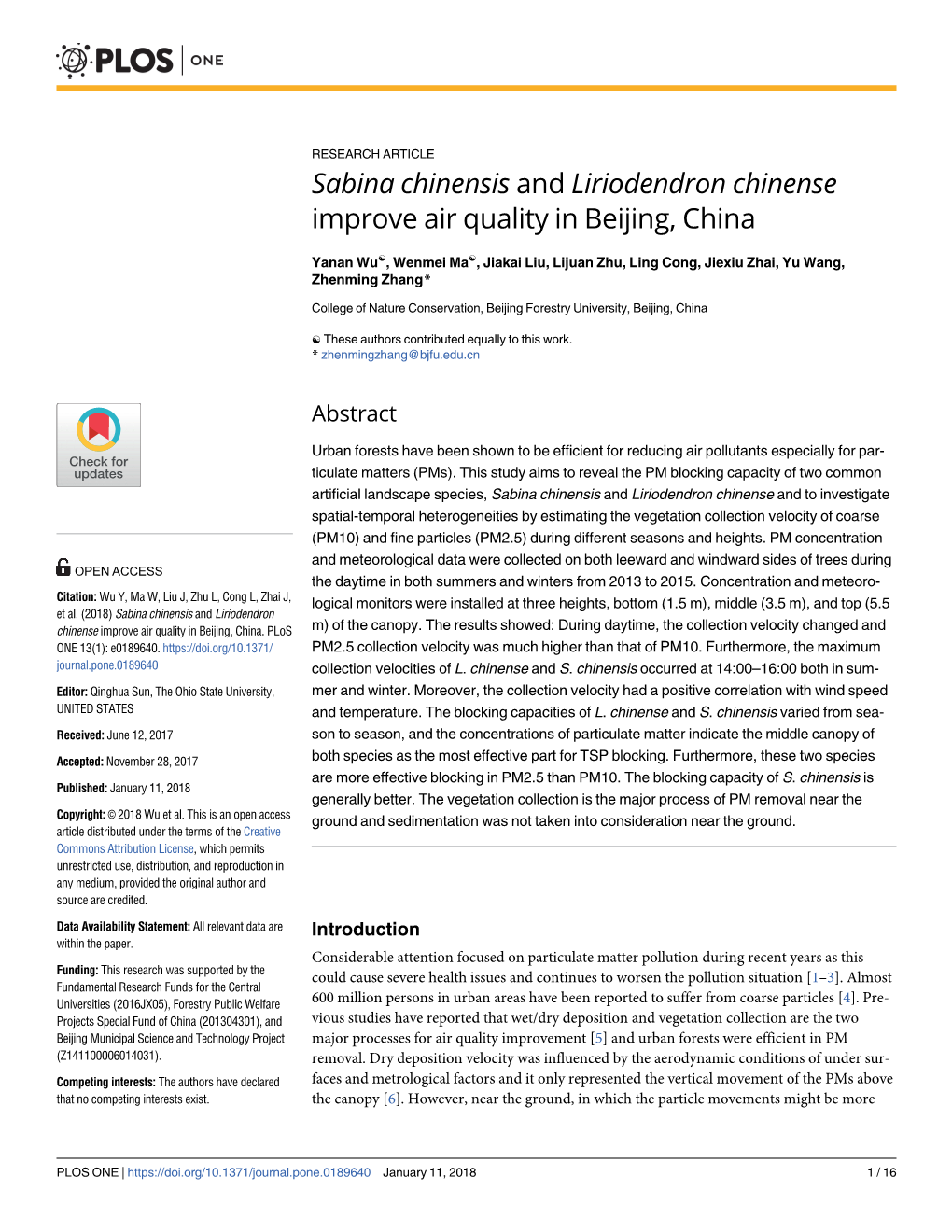 Sabina Chinensis and Liriodendron Chinense Improve Air Quality in Beijing, China