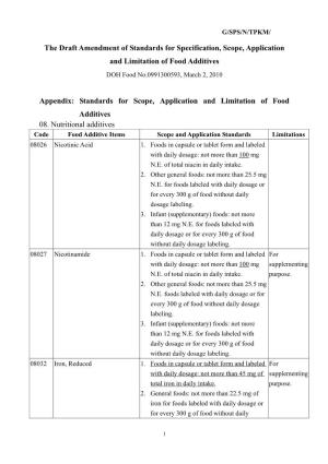 The Draft Amendment of Standards for Specification, Scope, Application and Limitation of Food Additives DOH Food No.0991300593, March 2, 2010