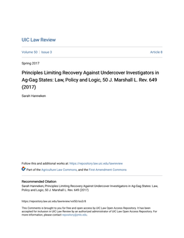 Principles Limiting Recovery Against Undercover Investigators in Ag-Gag States: Law, Policy and Logic, 50 J