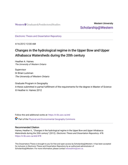 Changes in the Hydrological Regime in the Upper Bow and Upper Athabasca Watersheds During the 20Th Century