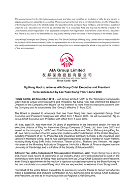Ng Keng Hooi to Retire As AIA Group Chief Executive and President to Be Succeeded by Lee Yuan Siong from 1 June 2020