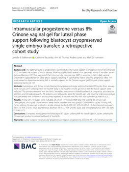 Intramuscular Progesterone Versus 8% Crinone Vaginal Gel for Luteal Phase Support Following Blastocyst Cryopreserved Single Embr