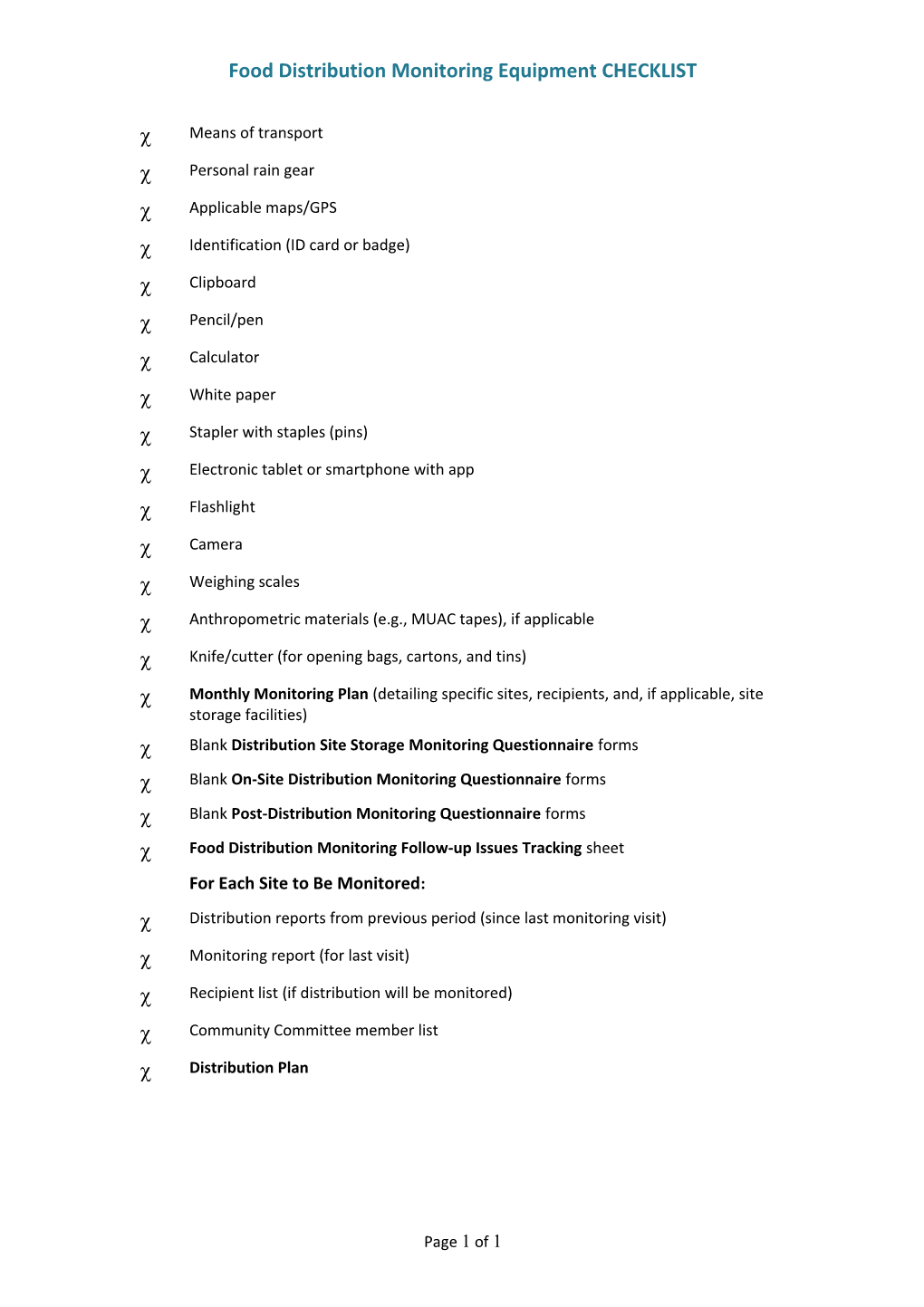 Food Distribution Monitoring Equipment CHECKLIST