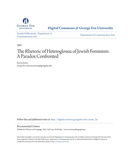 The Rhetoric of Heteroglossia of Jewish Feminism: a Paradox Confronted Kevin Jones George Fox University, Kevinj@Georgefox.Edu