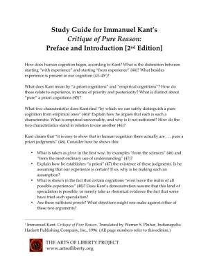 Study Guide for Immanuel Kant's Critique of Pure Reason: Preface