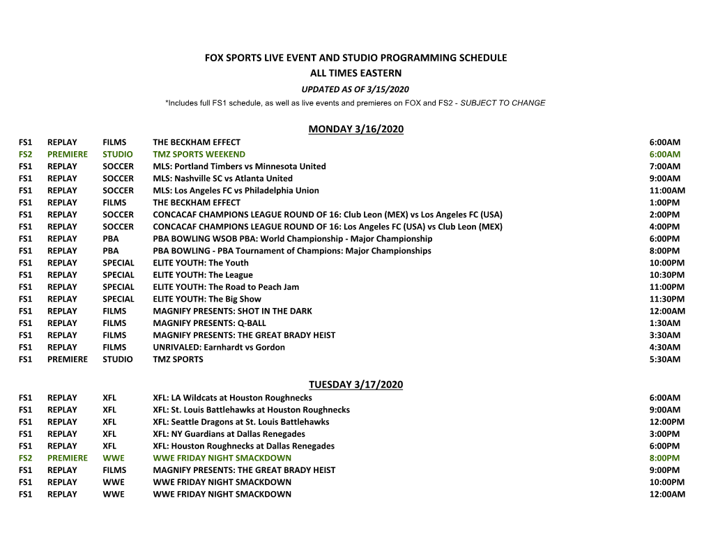 Fox Sports Live Event and Studio Programming Schedule All Times Eastern Monday 3/16/2020 Tuesday 3/17/2020