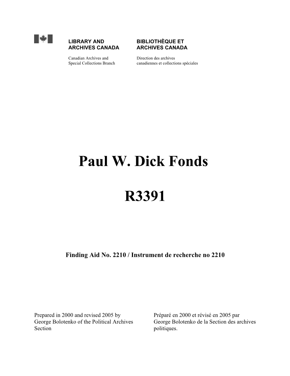 S:\MSS\FINDAIDS\2200\Fa2210\Paul Dick-Fa.Wpd