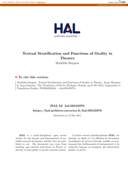 Textual Stratification and Functions of Orality in Theatre