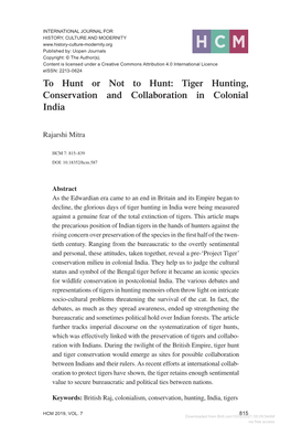 To Hunt Or Not to Hunt: Tiger Hunting, Conservation and Collaboration in Colonial India