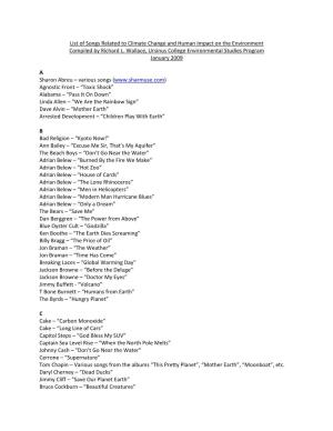 List of Songs Related to Climate Change and Human Impact on the Environment Compiled by Richard L