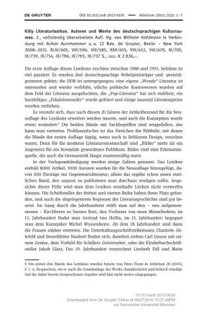 Killy Literaturlexikon. Autoren Und Werke Des Deutschsprachigen Kulturrau- Mes