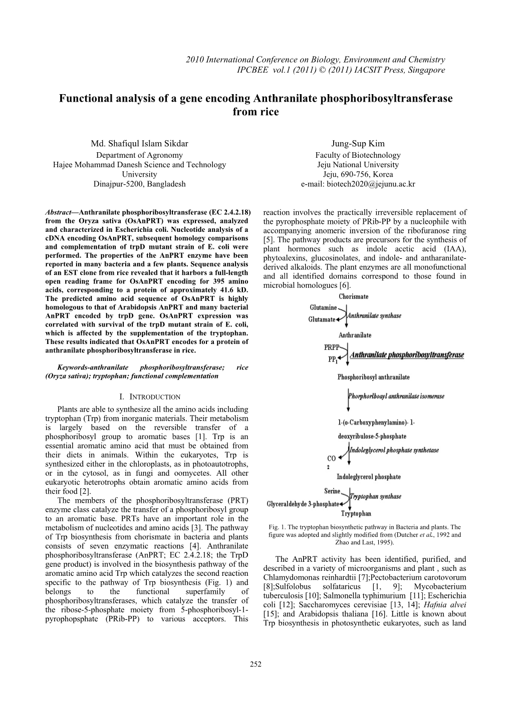 Functional Analysis of a Gene Encoding Anthranilate Phosphoribosyltransferase from Rice