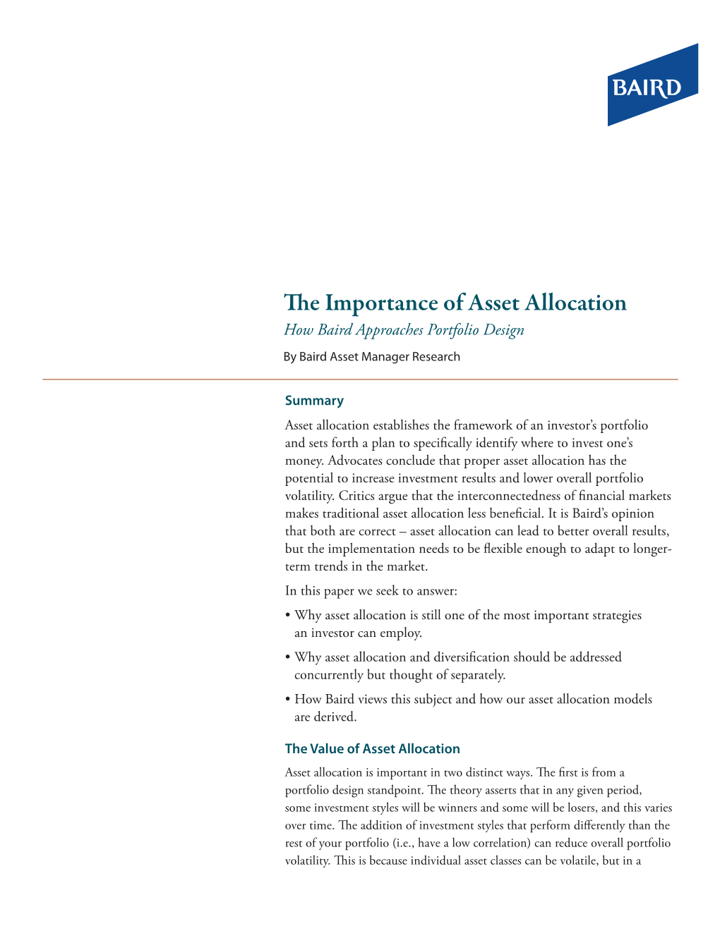 The Importance of Asset Allocation How Baird Approaches Portfolio Design by Baird Asset Manager Research