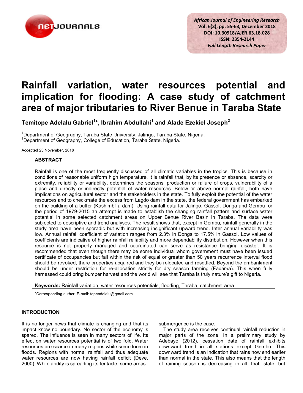 Rainfall Variation, Water Resources Potential and Implication for Flooding: a Case Study of Catchment Area of Major Tributaries to River Benue in Taraba State