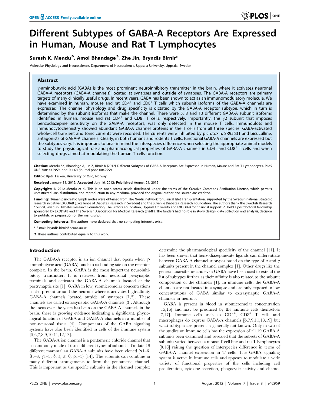 Different Subtypes of GABA-A Receptors Are Expressed in Human, Mouse and Rat T Lymphocytes