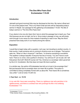 The One Who Fears God Ecclesiastes 7:15-29