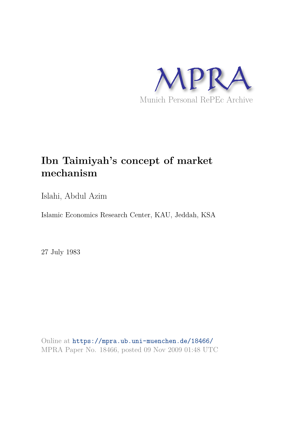 Ibn Taimiyah's Concept of Market Mechanism