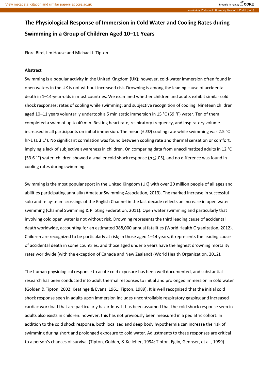 The Physiological Response of Immersion in Cold Water and Cooling Rates During Swimming in a Group of Children Aged 10–11 Years