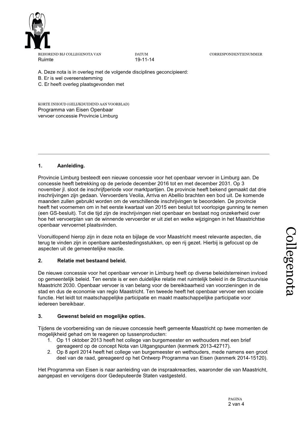 COLLEGENOTA VAN DATUM CORRESPONDENTIENUMMER Ruimte 19-11-14