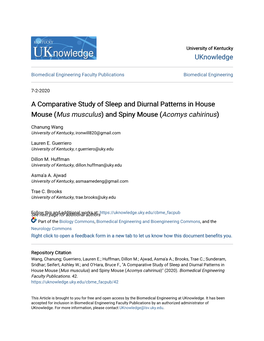 A Comparative Study of Sleep and Diurnal Patterns in House Mouse (Mus Musculus) and Spiny Mouse (Acomys Cahirinus)