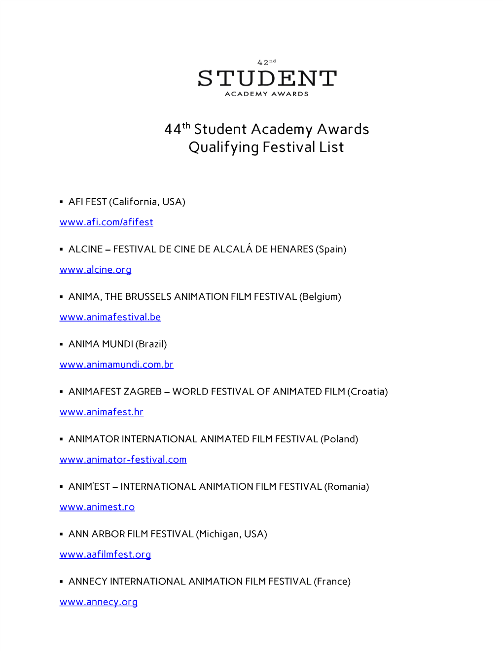 44​Th​ Student Academy Awards Qualifying Festival List