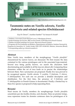 Taxonomic Notes on Vanilla Odorata, Vanilla Fimbriata and Related Species (Orchidaceae)