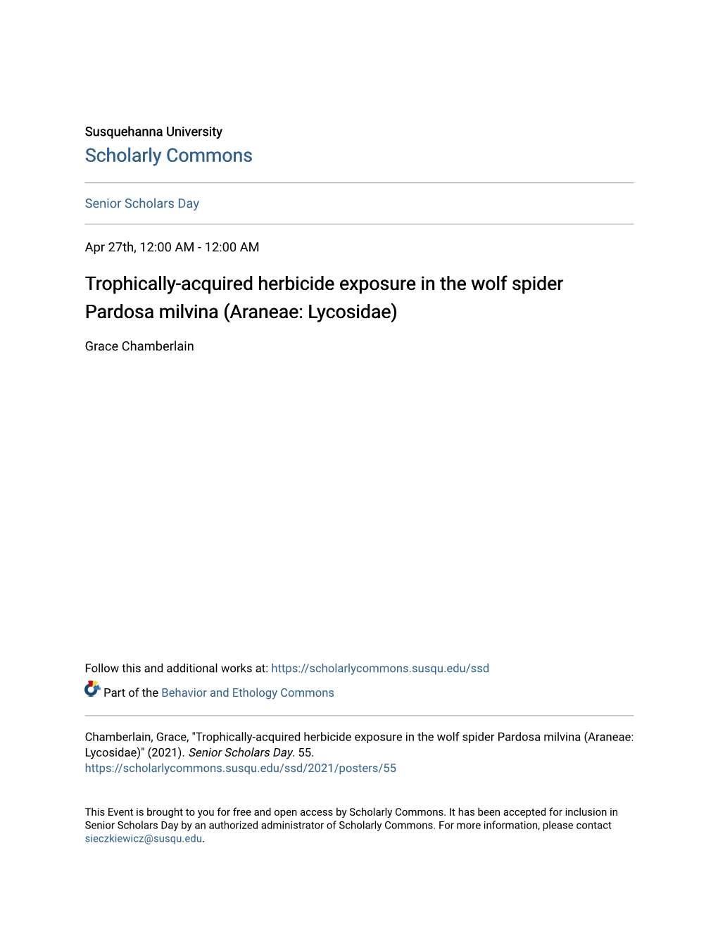 Trophically-Acquired Herbicide Exposure in the Wolf Spider Pardosa Milvina (Araneae: Lycosidae)