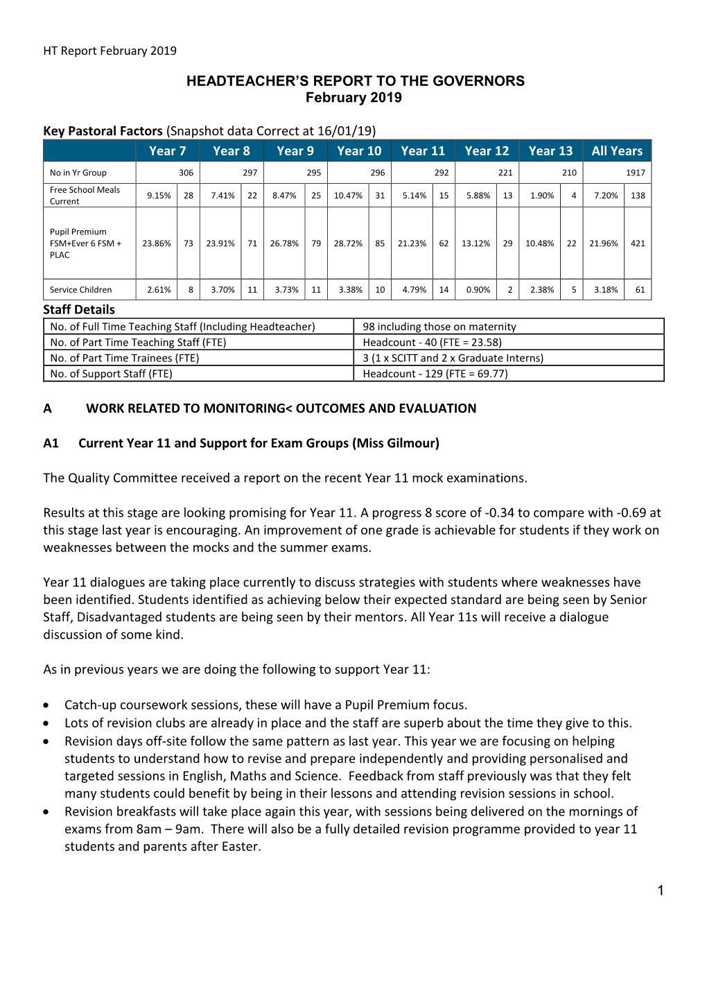 1 HEADTEACHER's REPORT to the GOVERNORS February 2019 Key Pastoral Factors (Snapshot Data Correct at 16/01/19) Year 7 Year 8