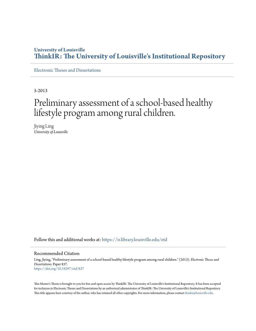 Preliminary Assessment of a School-Based Healthy Lifestyle Program Among Rural Children