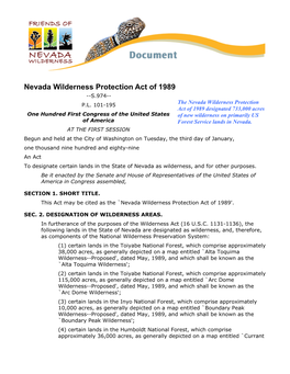 Nevada Wilderness Protection Act of 1989 --S.974-- the Nevada Wilderness Protection P.L