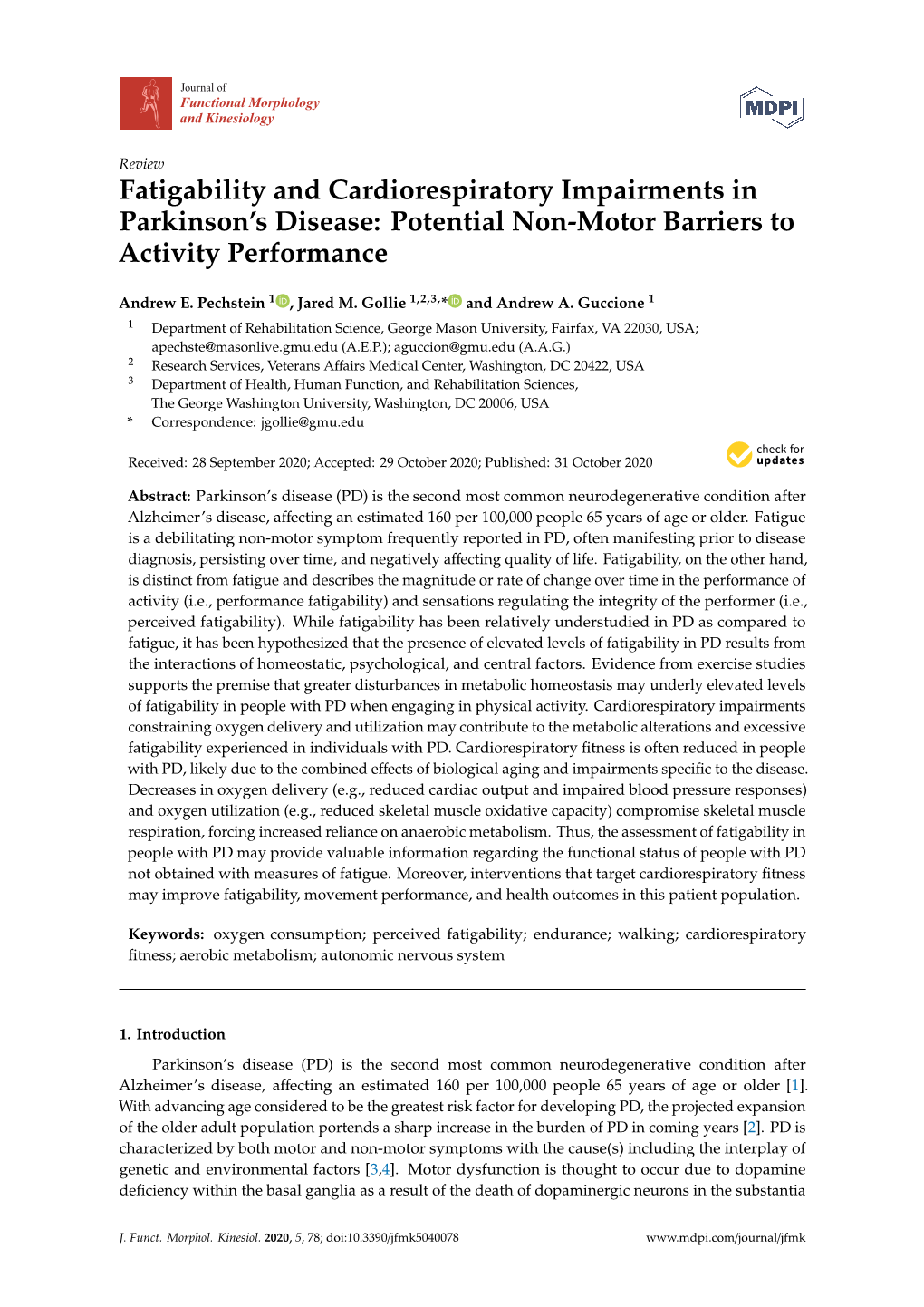 Fatigability and Cardiorespiratory Impairments in Parkinson's Disease
