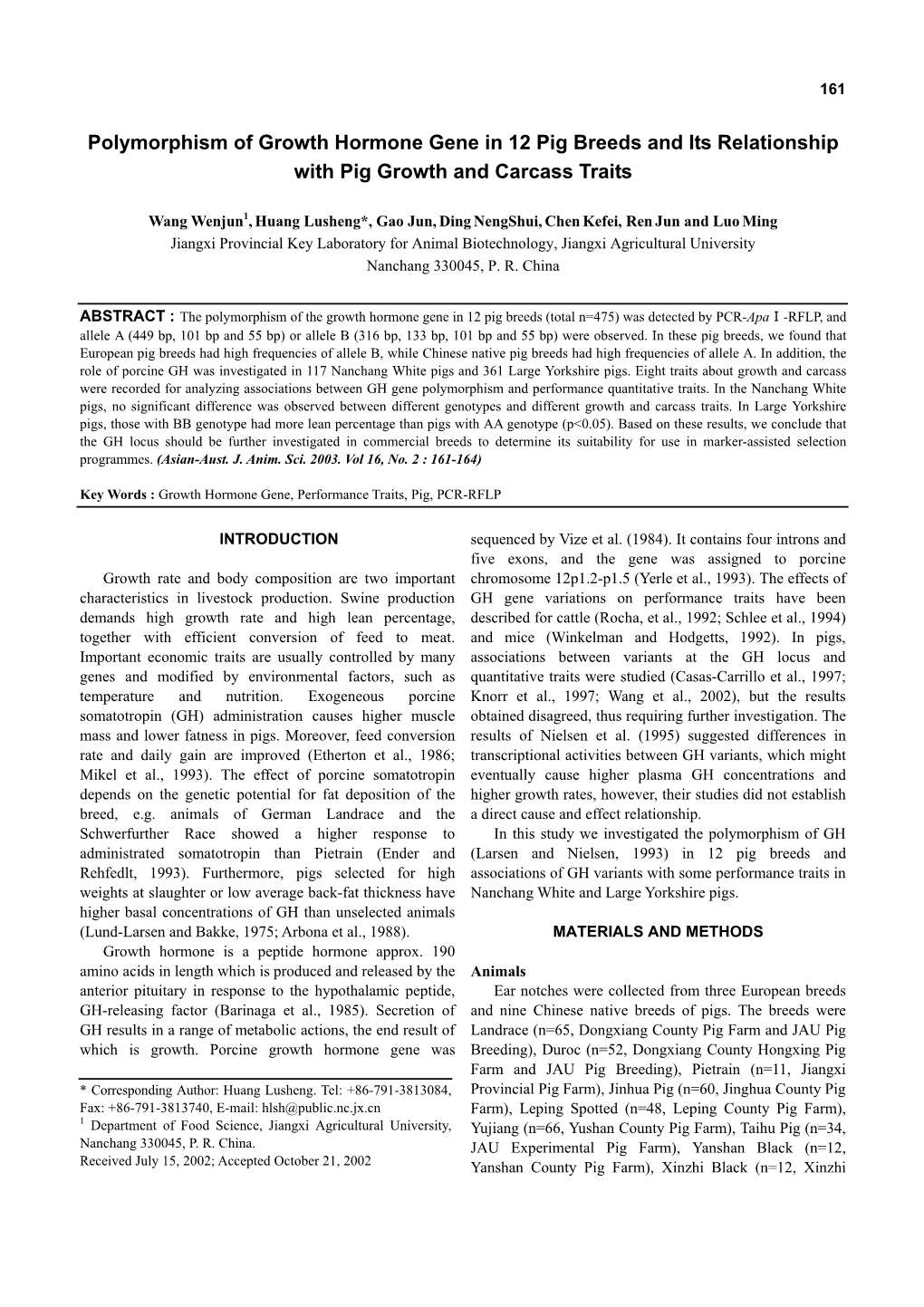 Polymorphism of Growth Hormone Gene in 12 Pig Breeds and Its Relationship with Pig Growth and Carcass Traits