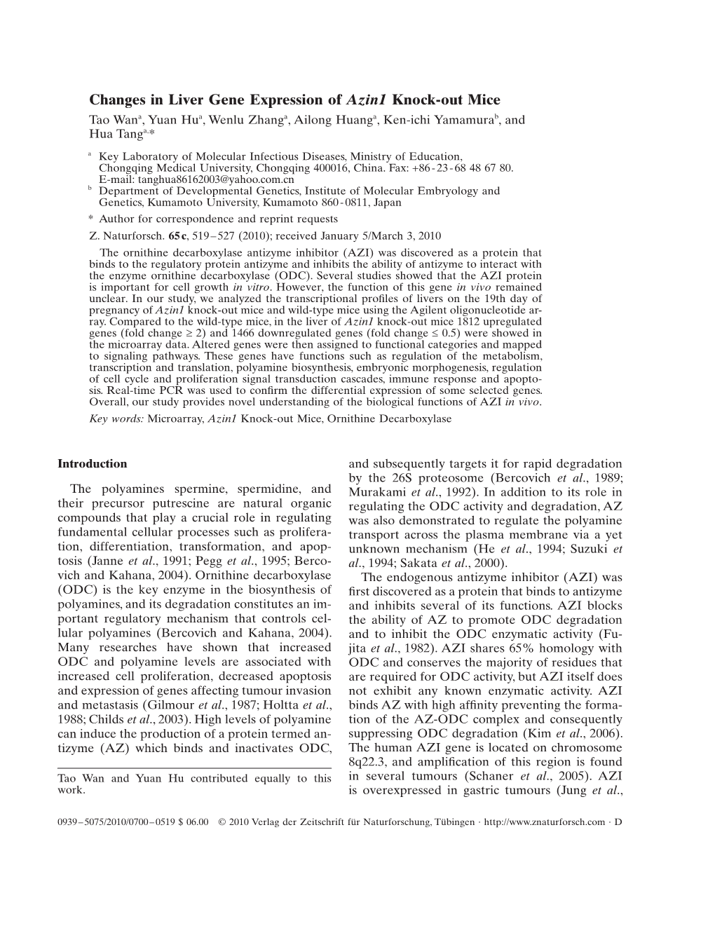 Changes in Liver Gene Expression of Azin1 Knock-Out Mice