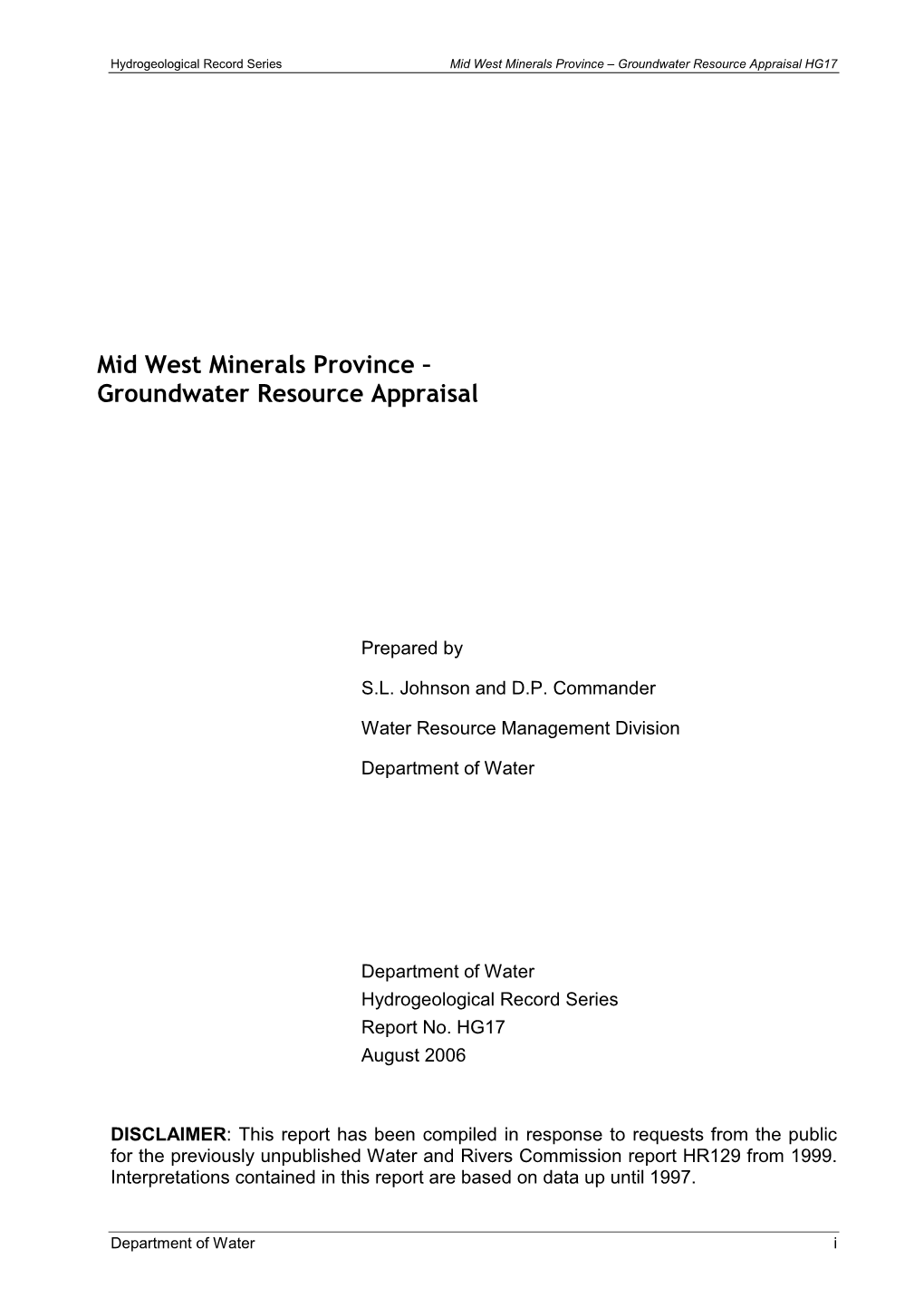 Mid West Minerals Province – Groundwater Resource Appraisal HG17