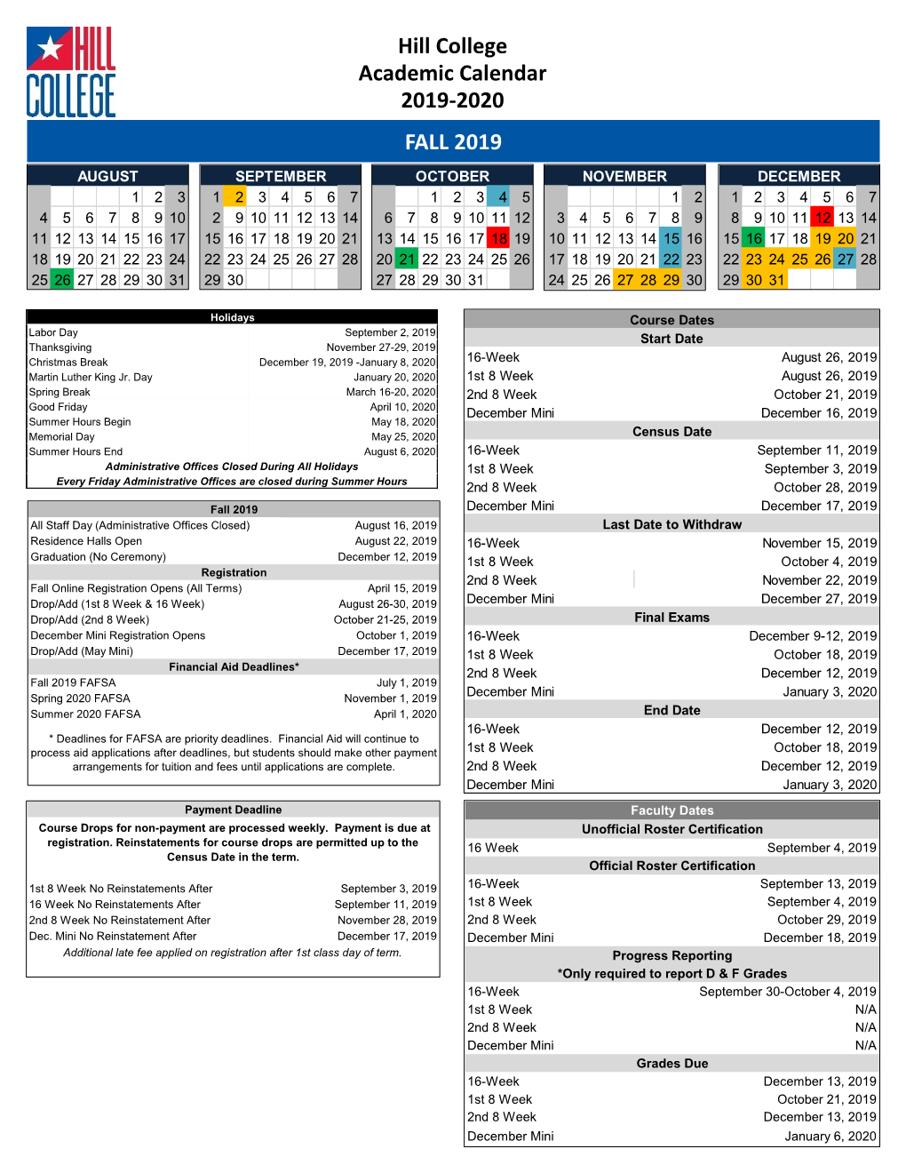 Hill College Academic Calendar 2019-2021