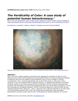 The Veridicality of Color: a Case Study of Potential Human Tetrachromacy.1 (This Is the Pre-Publication Version of the Article, Released 1/3/2015
