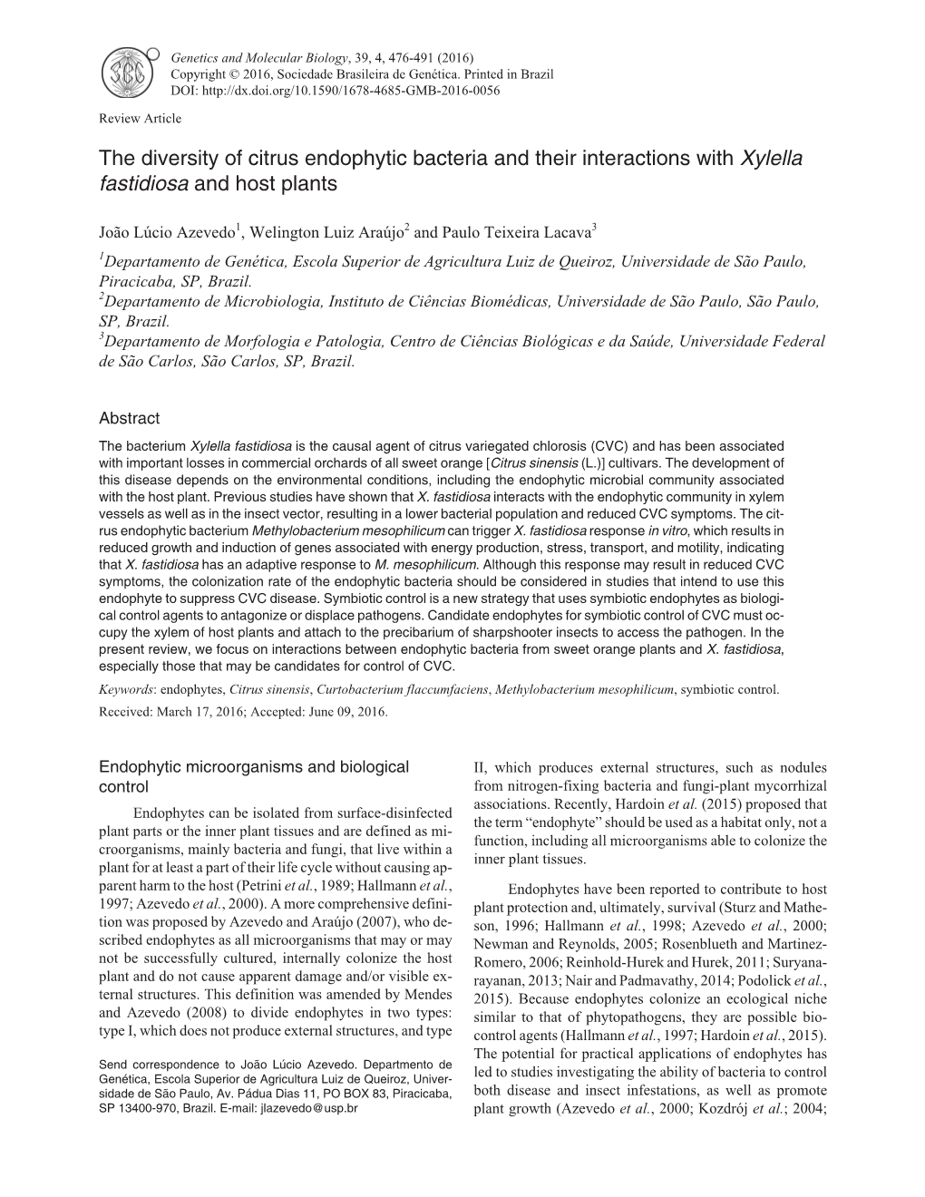 The Diversity of Citrus Endophytic Bacteria and Their Interactions with Xylella Fastidiosa and Host Plants