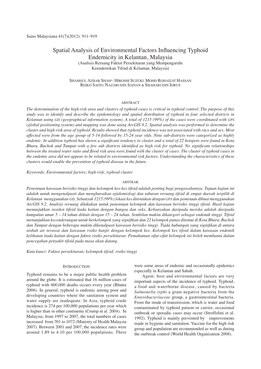 Spatial Analysis of Environmental Factors Influencing Typhoid