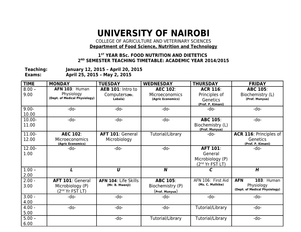 Tentative Time Table