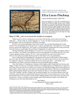 Eliza Lucas Pinckney Letters & Memoranda, 1740-1762 * Eliza Lucas Pinckney (Ca