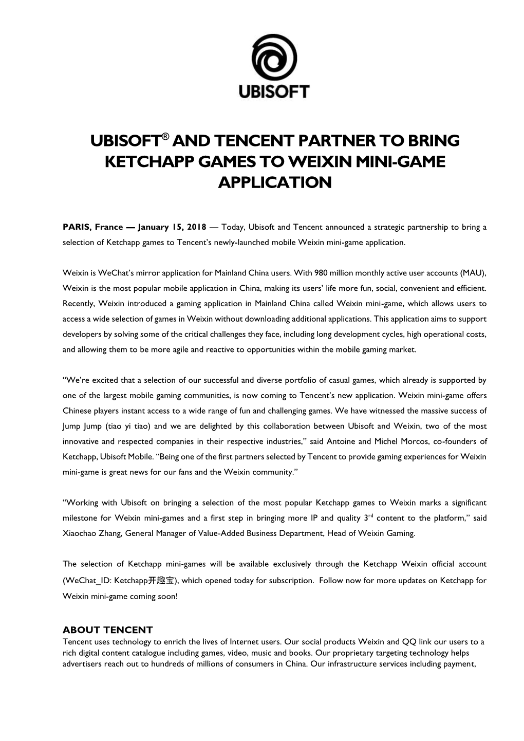 Ubisoft® and Tencent Partner to Bring Ketchapp Games to Weixin Mini-Game Application