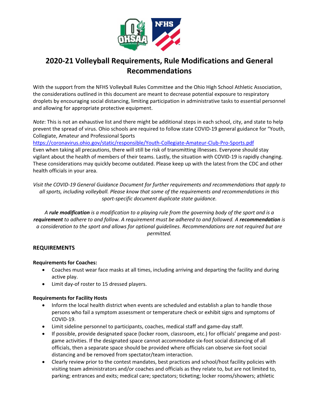 202021 Volleyball Requirements, Rule Modifications and General