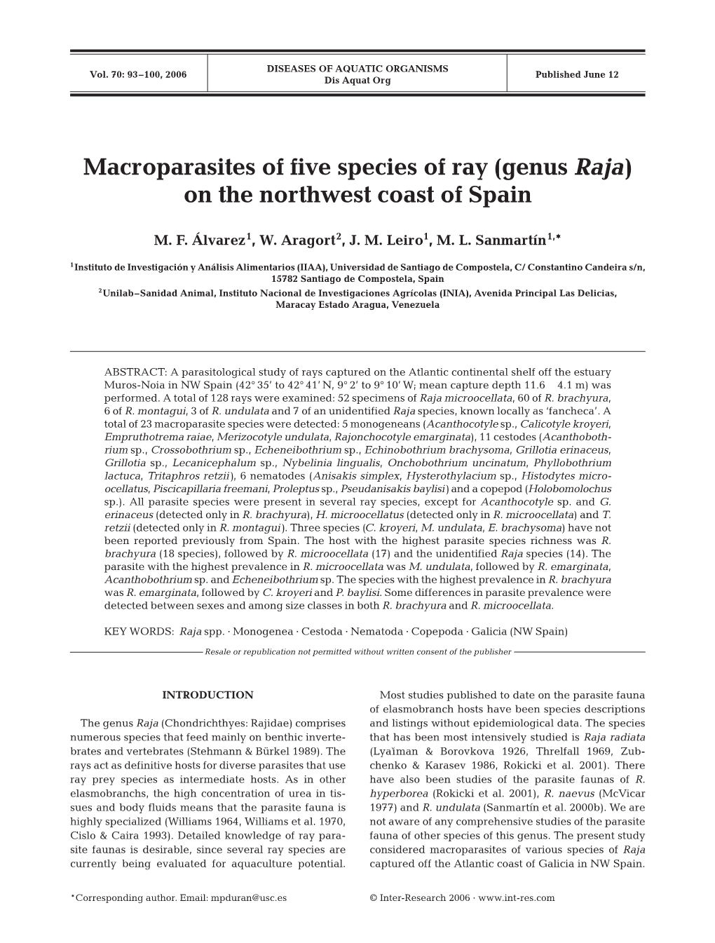 Macroparasites of Five Species of Ray (Genus Raja) on the Northwest Coast of Spain
