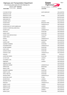 Highways and Transportation Department Page 1 List Produced Under Section 36 of the Highways Act